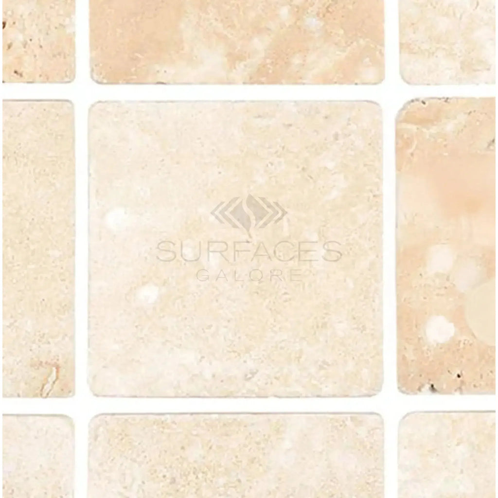 Beige travertine tile pattern of Durango Paredon Mexican 4X4 Travertine Tumbled