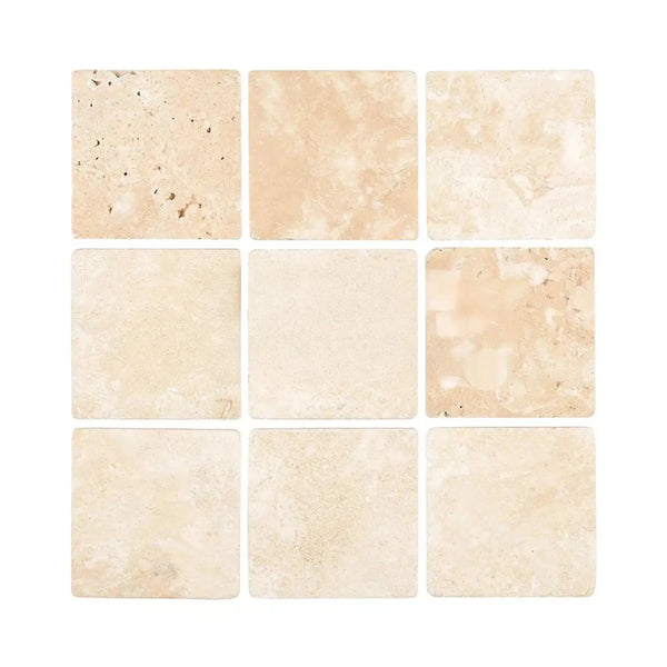 Nine square beige tiles of Durango Paredon 4X4 Travertine Tumbled flooring