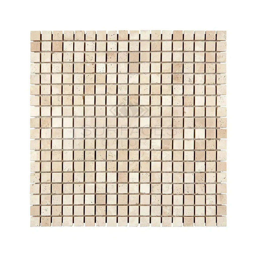 Beige square mosaic tile sheet of Durango Paredon 5/8X5/8 Mosaic Travertine Tumbled