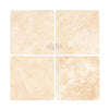 Four beige Durango/Paredon 6X6 Travertine Filled and Honed tiles showcasing natural beauty