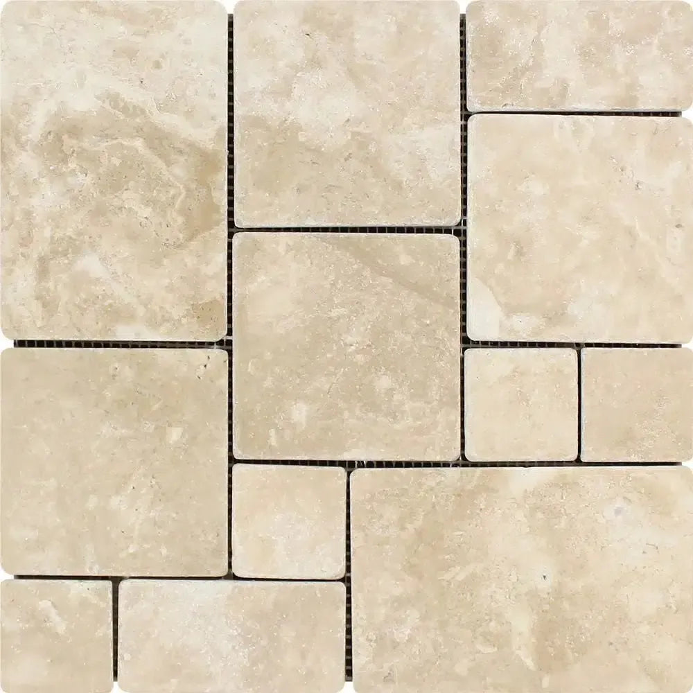 Beige travertine mosaic tile in Durango/Paredon OPUS Mini-Pattern design