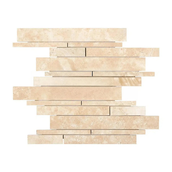 Beige stone mosaic tile from Durango Paredon Random Strip Mosaic Travertine collection