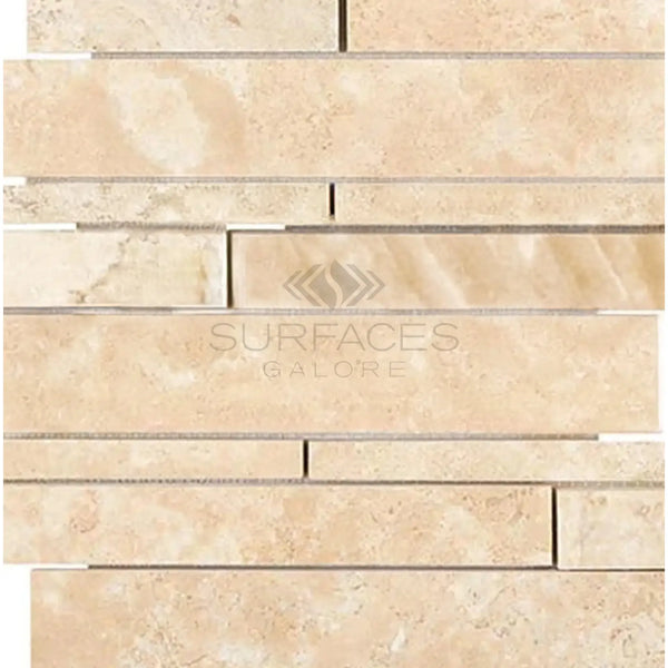 Beige travertine mosaic tile from Durango Paredon Random Strip Manhattan Waterfall collection