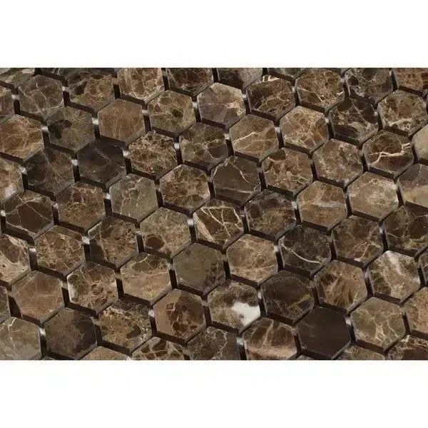 Emperador Dark Marble 1 inch Hexagon Mosaic Polished featuring brown hexagon design