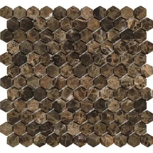 Emperador Dark Marble 1 Inch Hexagon Mosaic Tumbled in Brown Hexagon Pattern