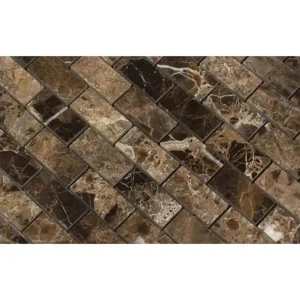 Brown marble herringbone tile in Emperador Dark Marble 1X2 Brick Mosaic Polished design