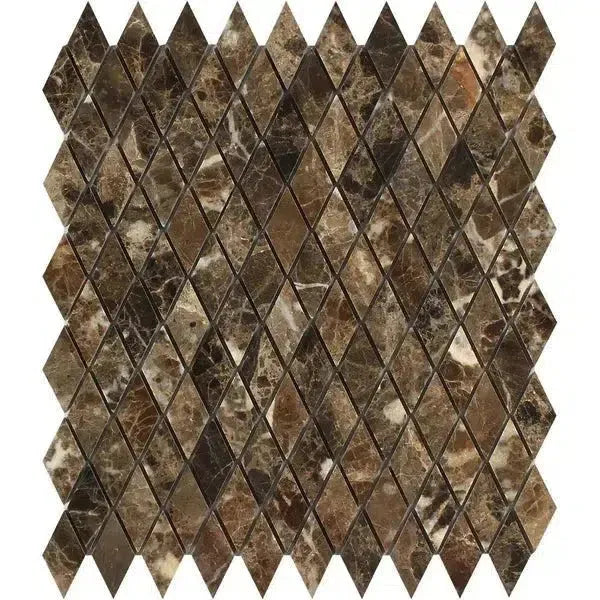 Diamond-patterned brown marble mosaic tile in Emperador Dark Marble design