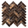 Herringbone pattern of Emperador Dark Marble 1X3 polished mosaic tiles in brown