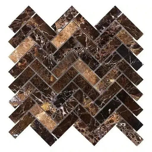 Herringbone pattern of Emperador Dark Marble 1X3 polished mosaic tiles in brown