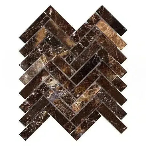 Brown marble herringbone tile showcasing Emperador Dark Marble 1X4 Mosaic Polished design