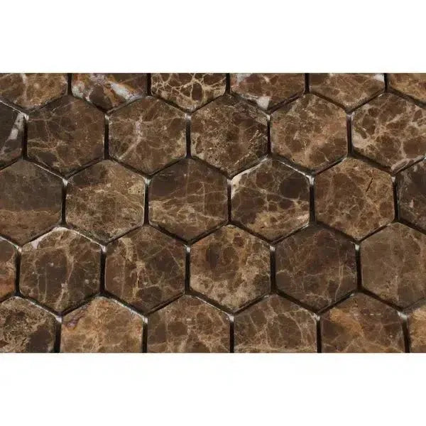 Brown marble hexagon tiles in Emperador Dark Marble 2 inch Hexagon Mosaic Tumbled