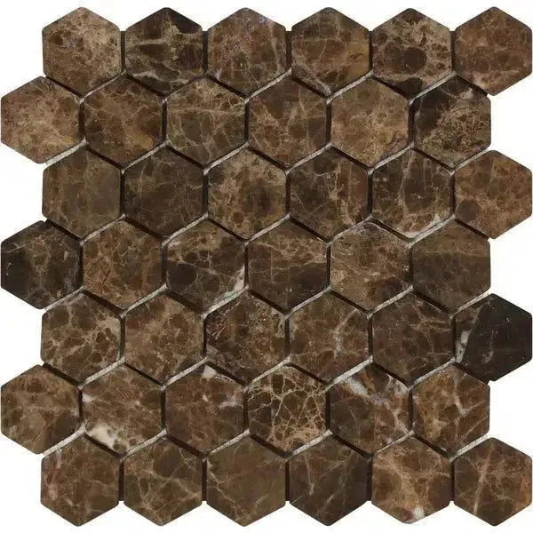 Brown marble hexagon tiles in Emperador Dark Marble 2 Inch Hexagon Mosaic Tumbled design