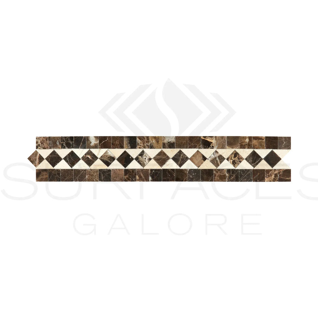 Decorative marble tile border featuring Emperador Dark Marble with Crema Marfil dots