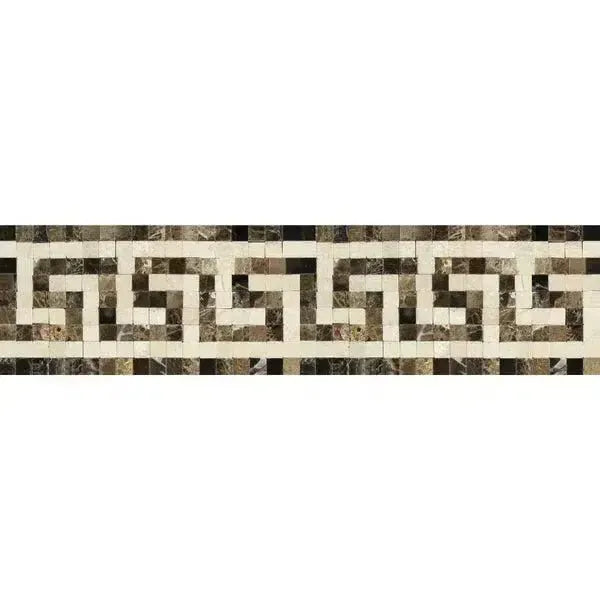 Mosaic tile border featuring Greek key pattern in Emperador Dark Marble design