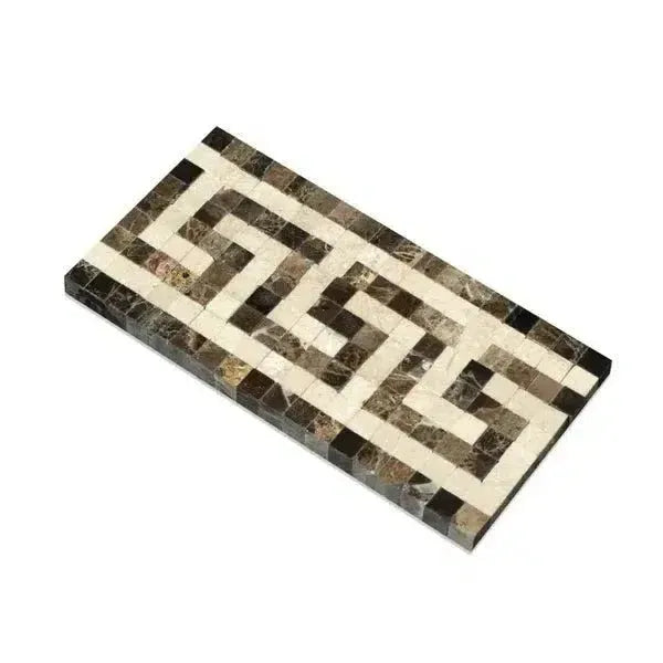 Rectangular mosaic tile featuring Greek key pattern in Emperador Dark Marble design