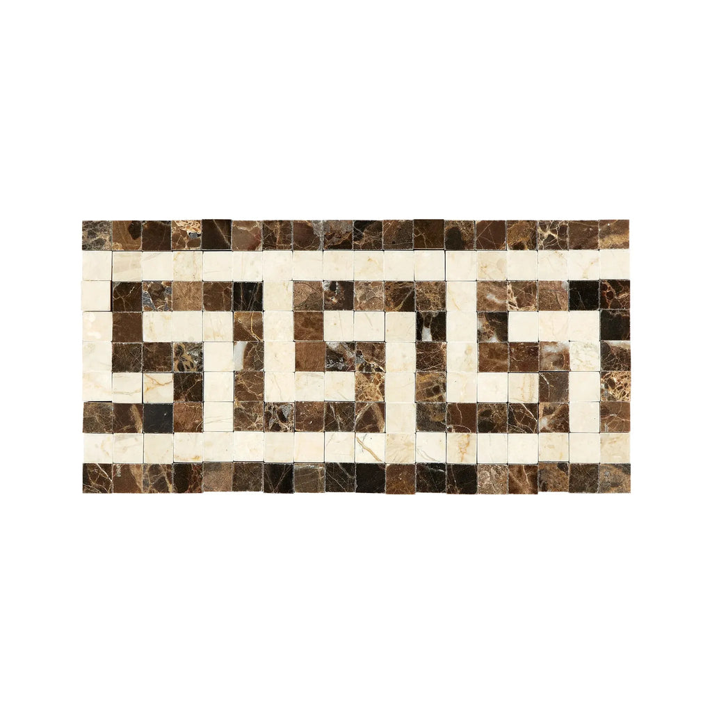 Mosaic tile border featuring Greek key design in Emperador Dark Marble Polished finish