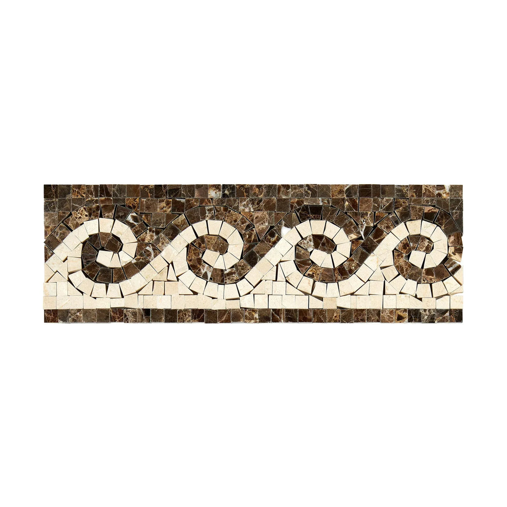 Mosaic tile border with wave pattern in Emperador Dark Marble polished finish