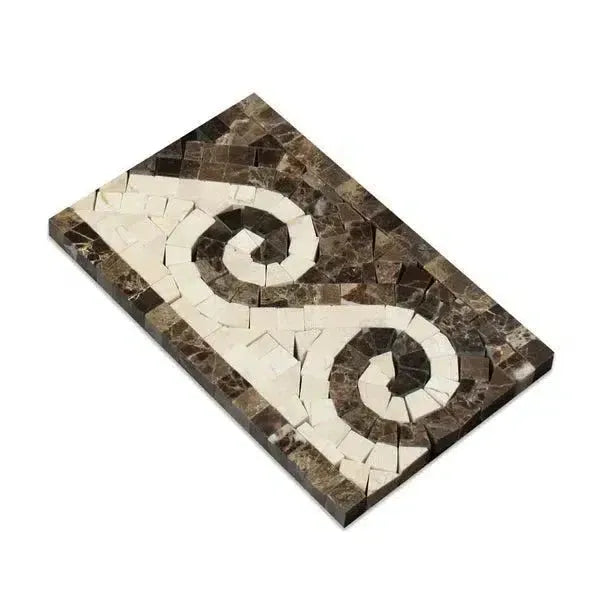 Rectangular mosaic tile featuring swirling pattern in Emperador Dark Marble Wave Border