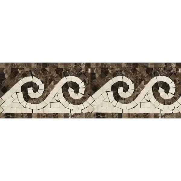 Mosaic tile border in wave pattern featuring Emperador Dark Marble polished finish