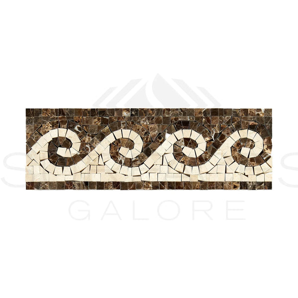 Mosaic tile border with wave pattern in Emperador Dark Marble Polished design