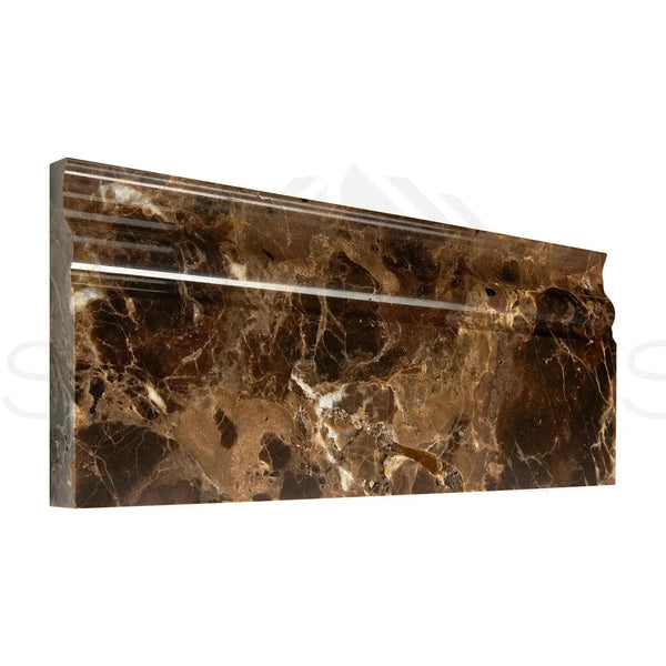 Brown marble decorative molding featuring Emperador Dark Marble polished baseboard trim