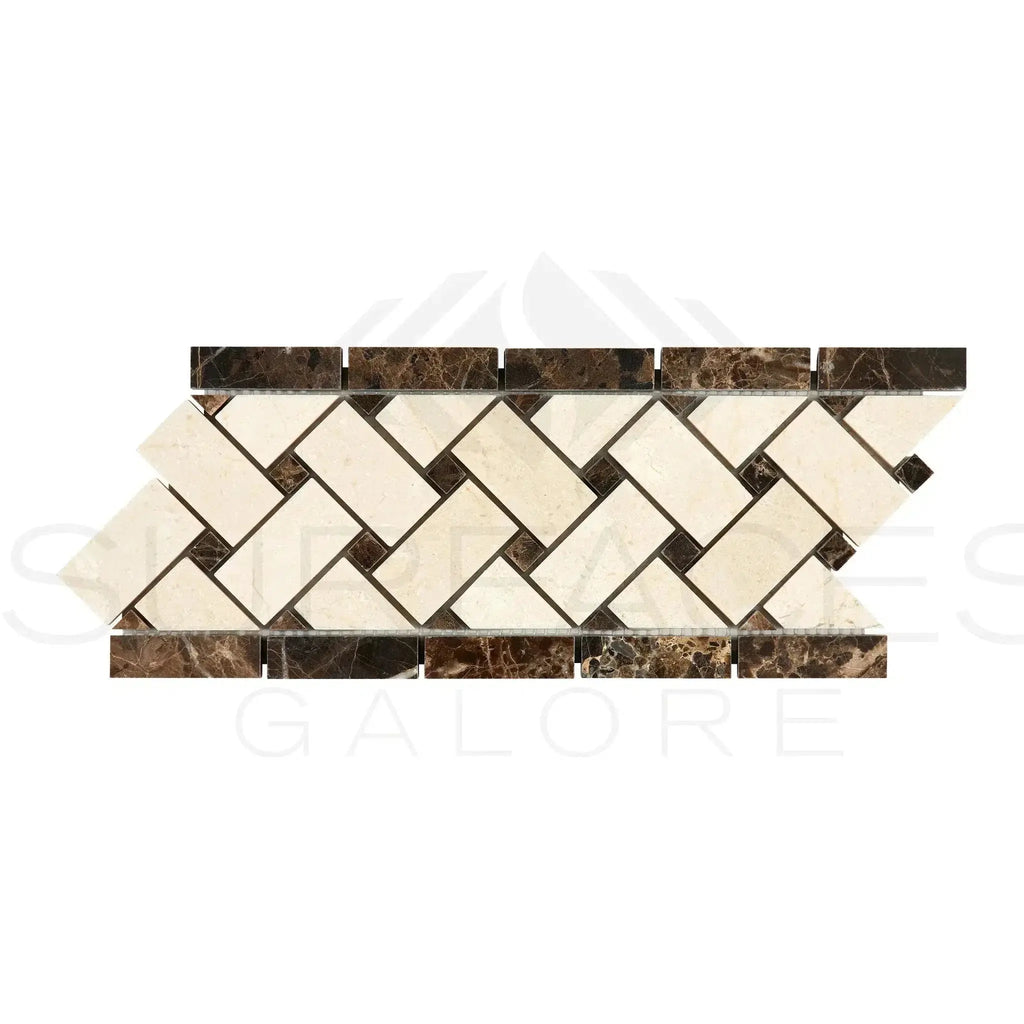 Decorative marble mosaic border featuring Emperador Dark Marble with Crema Marfil dots