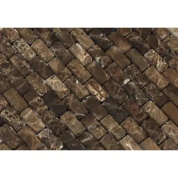 Brown Marble Brick Mosaic in Emperador Dark Marble Mini-Brick Tumbled Design