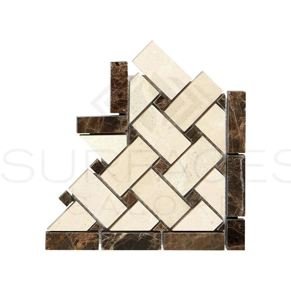 Herringbone mosaic tile corner featuring Emperador Dark Marble with Crema Marfil dots