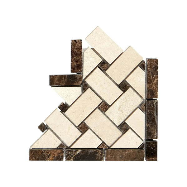 Herringbone mosaic tile corner featuring Emperador Dark Marble with Crema Marfil dots