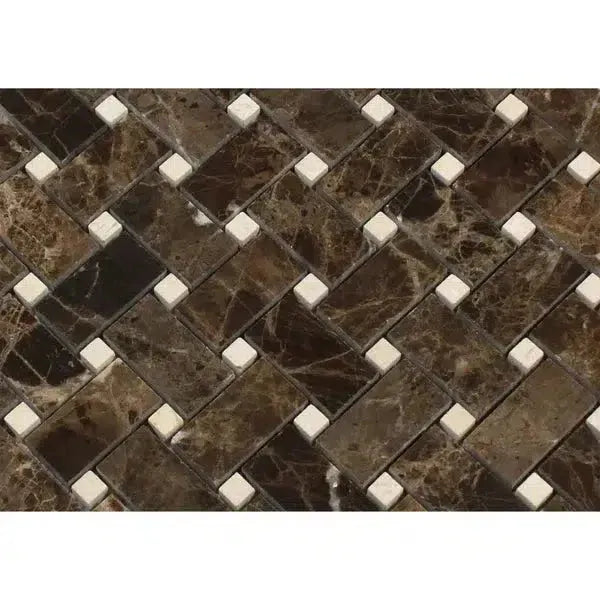 Brown marble basketweave mosaic tile featuring Emperador Dark and Crema Marfil dots