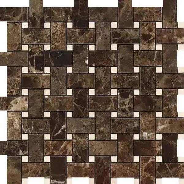 Brown Marble Basketweave Mosaic Tile in Emperador Dark with Crema Marfil Dots