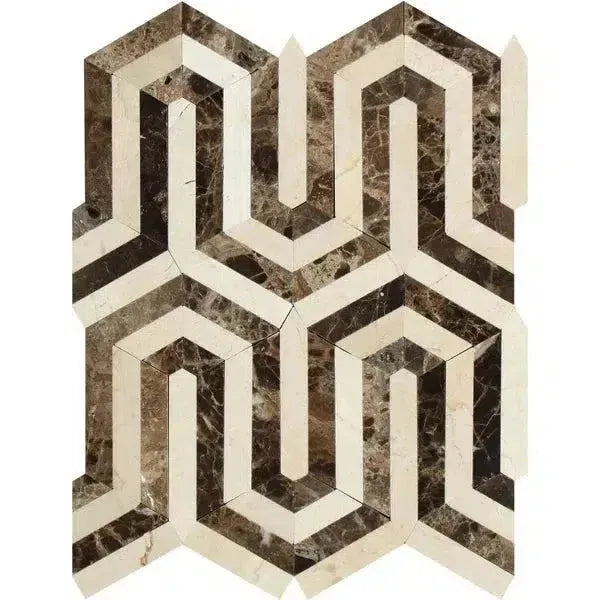 Geometric marble mosaic tile in Emperador Dark and Crema Marfil polished design