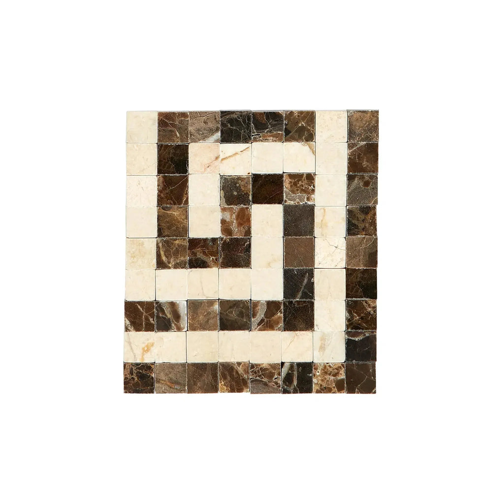 Square mosaic tile pattern of Emperador Dark Marble Greek Key Corner Border polished design