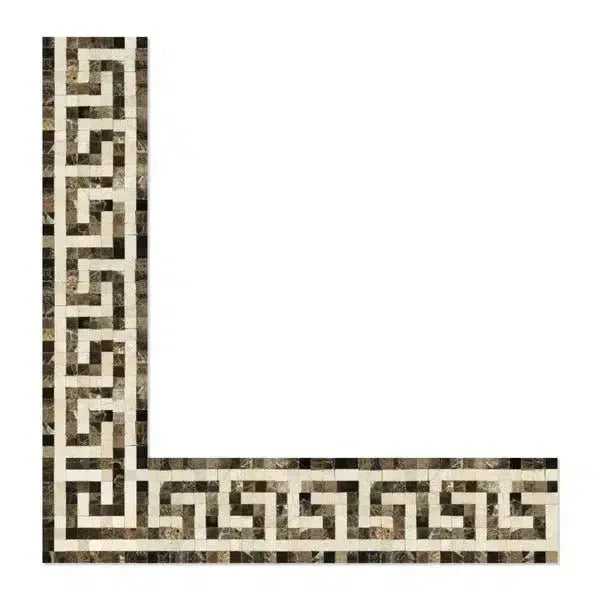 Marble mosaic border featuring Greek key design in Emperador Dark Marble