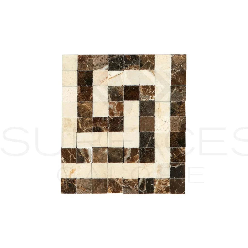 Square mosaic tile pattern of Emperador Dark Marble Greek Key Corner Border