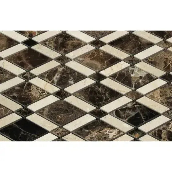 Diamond-patterned Emperador Dark Marble Lattice Mosaic Polished tile in rich tones