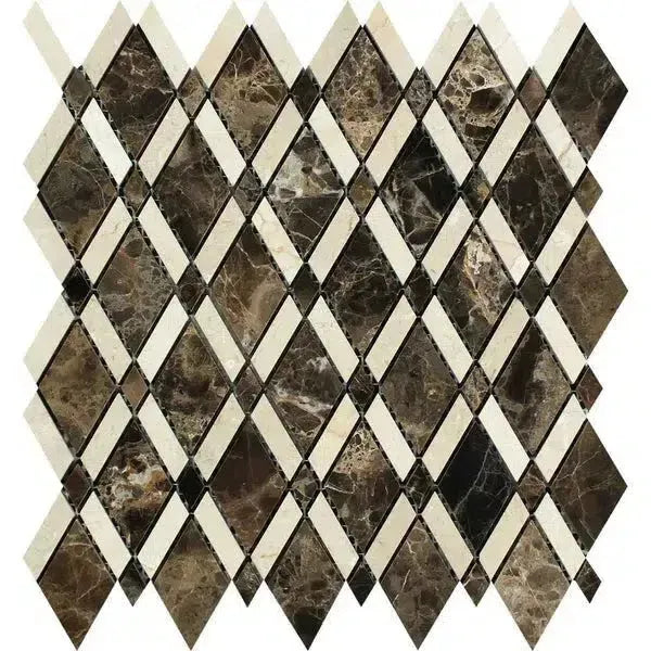 Diamond-patterned marble tile mosaic in Emperador Dark Marble Lattice Polished design