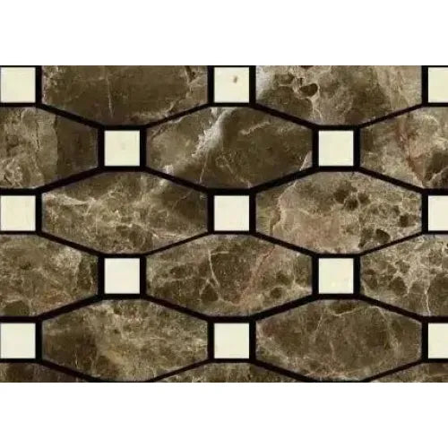 Brown marble and white tile pattern in Emperador Dark Marble Octave with C. Marfil Mosaic