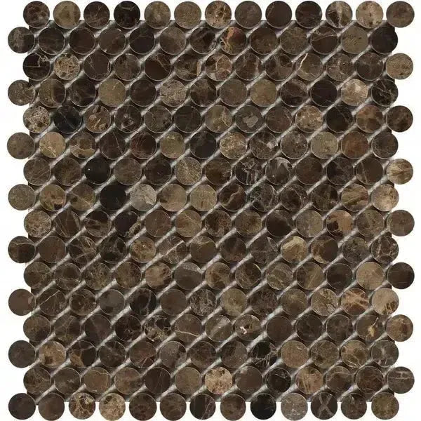 Brown marble penny tile in Emperador Dark Marble Penny-Round Mosaic Polished design