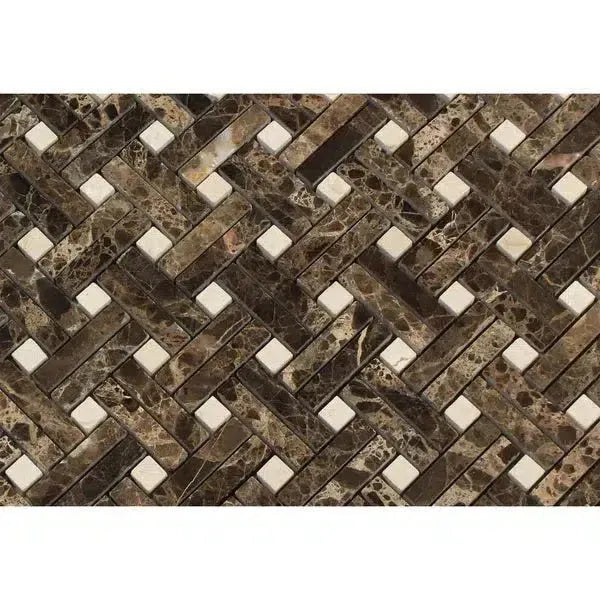 Brown and white marble mosaic tile from Emperador Dark Marble Stanza collection