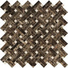 Brown and white herringbone mosaic tile in Emperador Dark Marble Stanza with C. Marfil dots