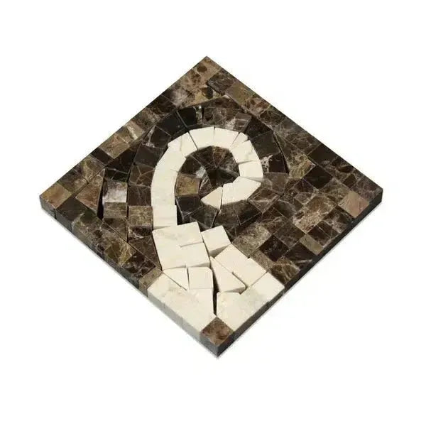 Square mosaic tile featuring a spiral design from Emperador Dark Marble Wave Border