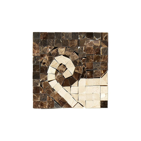 Square mosaic tile featuring a spiral design from Emperador Dark Marble Wave Border Corner