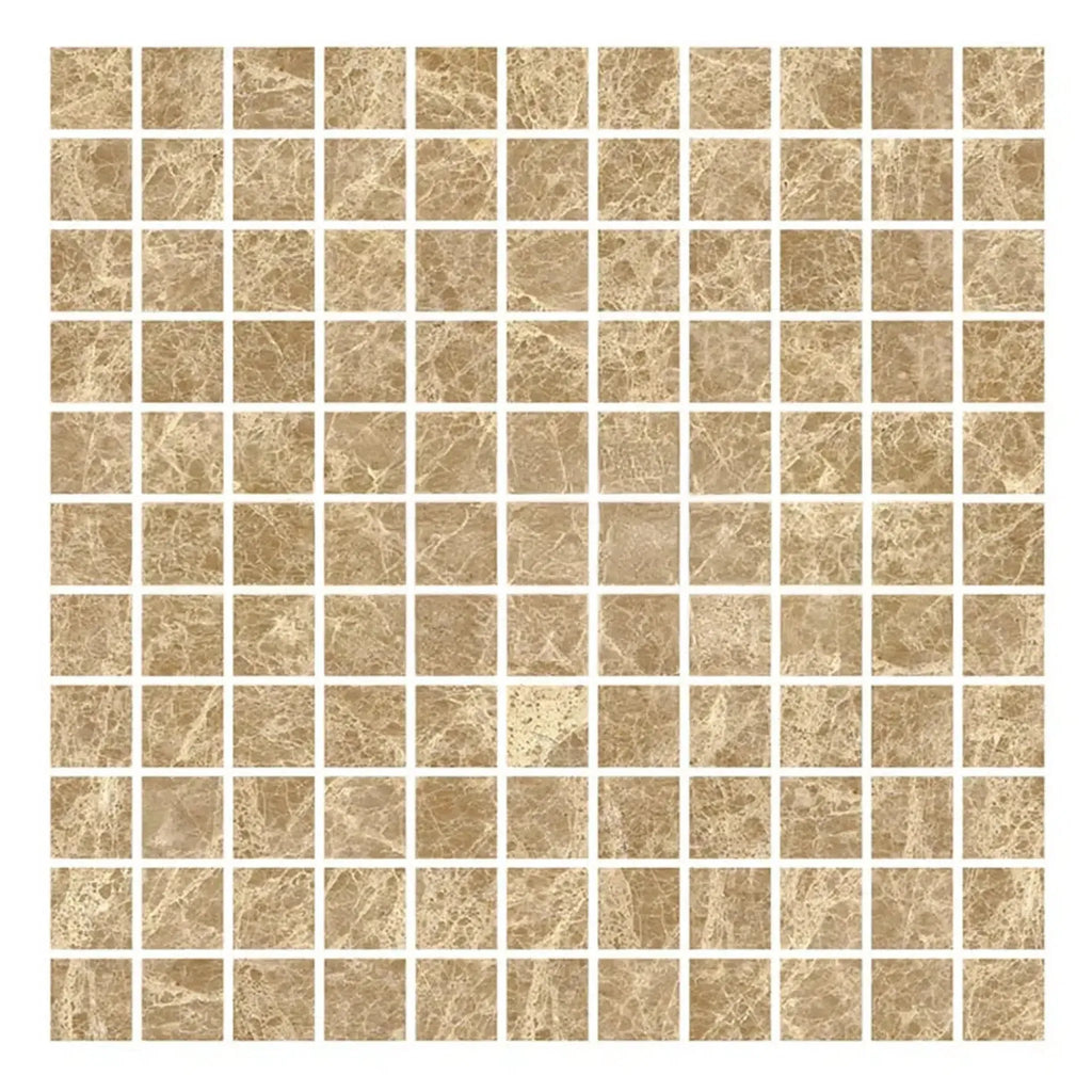 Square mosaic tile sheet of Emperador Light 1X1 Mosaic Marble Polished