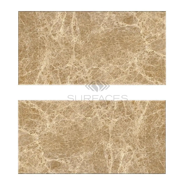 Two brown marble tiles of Emperador Light Marble 12X24 Polished displayed elegantly