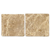 Two square Emperador Light Marble 6X6 Tumbled coasters displayed elegantly