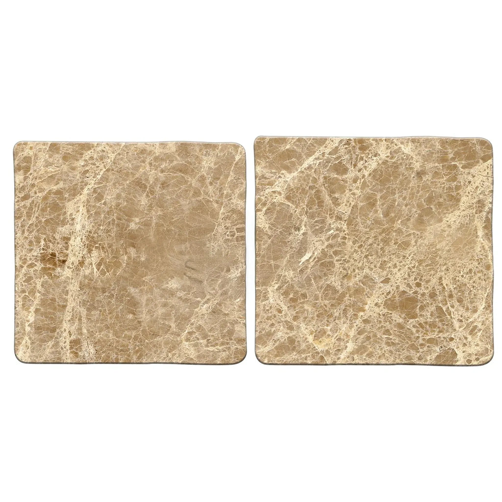 Two square Emperador Light Marble 6X6 Tumbled coasters displayed elegantly