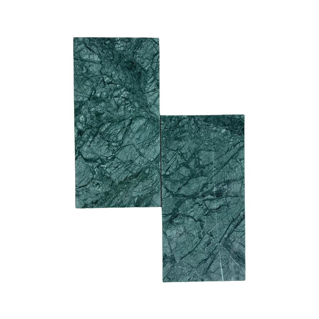 Two green marble tiles of Empress Green Marble 12X24 Polished showcasing elegant design