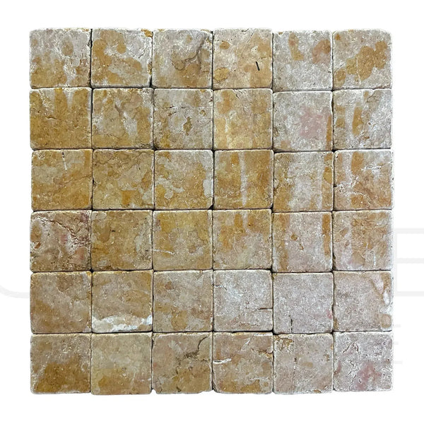 Square mosaic tile pattern of Giallo Reale Marble 4X4 Tumbled Tile at $11.99/Sq.Ft