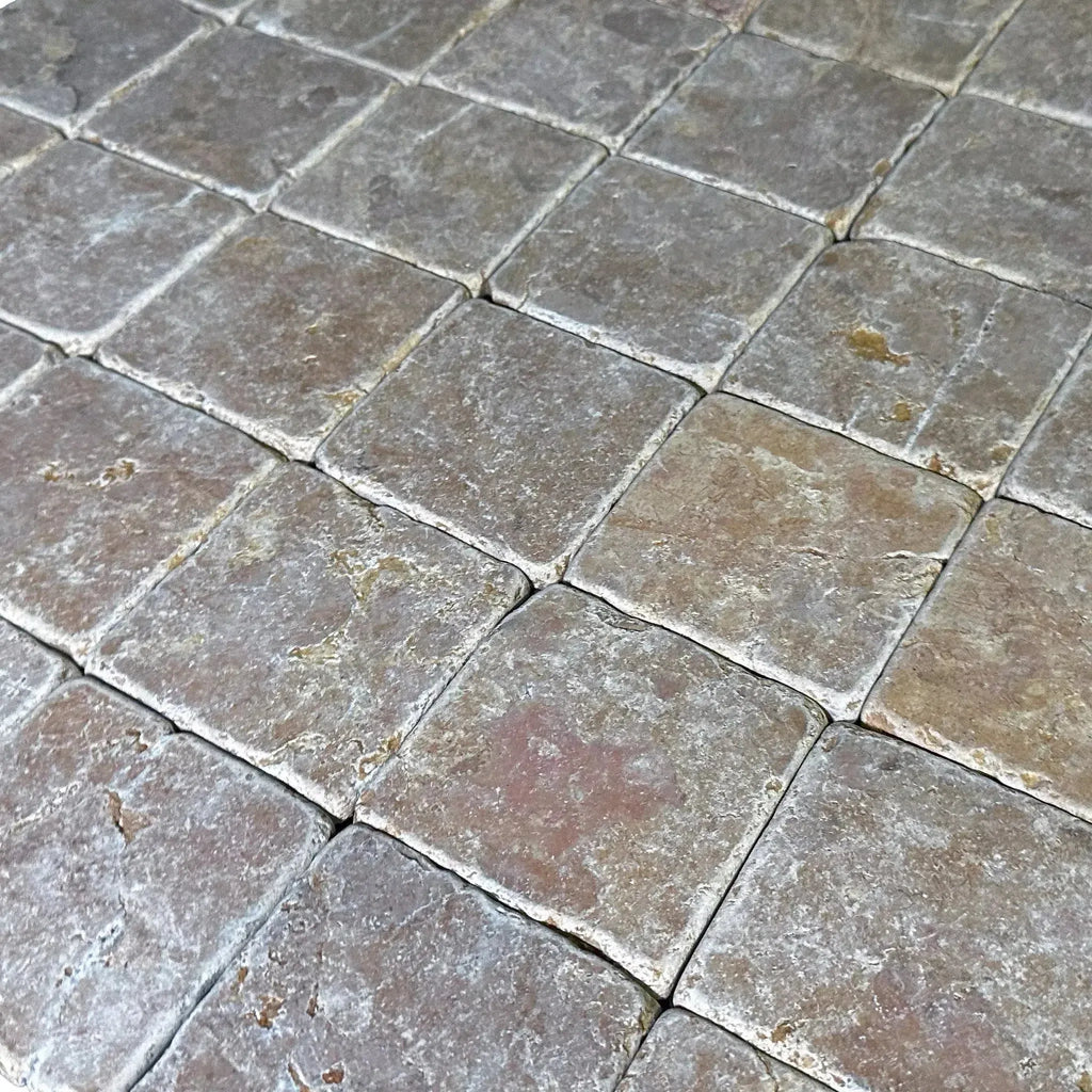 Square stone floor tiles in Giallo Reale Marble 4X4 Tumbled Tile, priced at $11.99/Sq.Ft